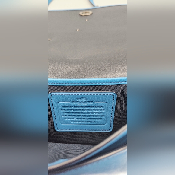 Upcycled Coach glovetanned turnlock crossbody bag w/ Space Patches. Azure Blue - Picture 12 of 14